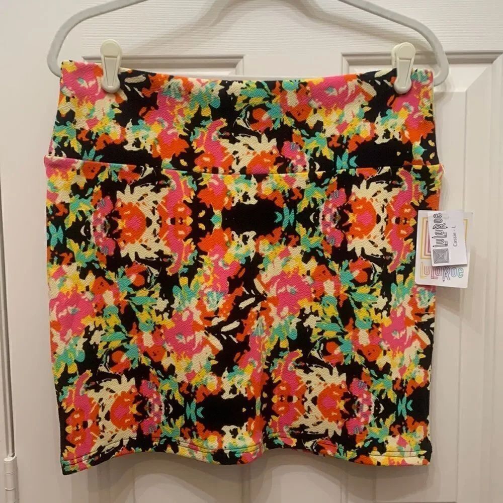 LuALaRoe Cassie Size Large Pink Yellow Black Blue Orange Stretch MIDI Skirt New